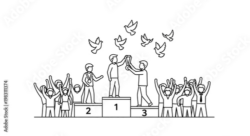 Winners on Podium with Trophy and Doves, Celebrating Victory with Crowd
