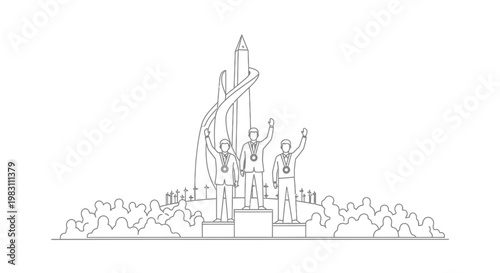 Winners Podium Celebration with Medals and Monument Background