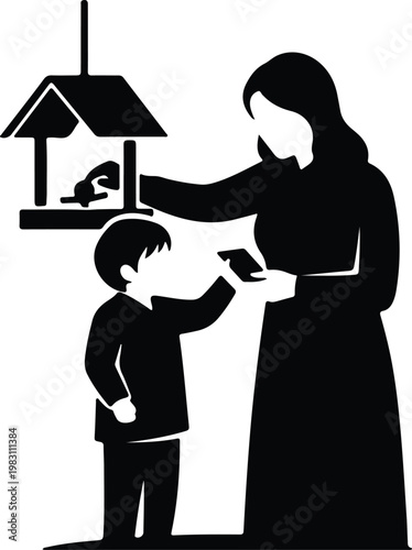 Silhouette mother and son feeding birds at a hanging wooden feeder vector design