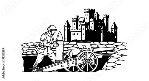 World War 1 Soldier Loading Cannon in Trench with Castle Background