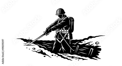 WWII Soldier in Trench with Bayonet, Vintage Military Illustration
