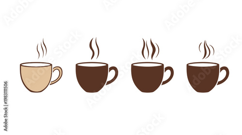 Four cartoon coffee cups, one tan, three brown, each with steam rising above, on white