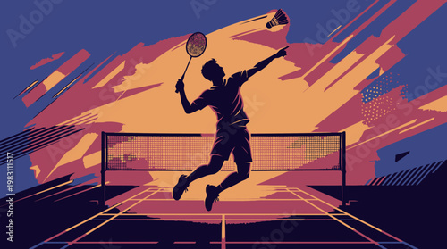 Man Playing Badminton on Court.