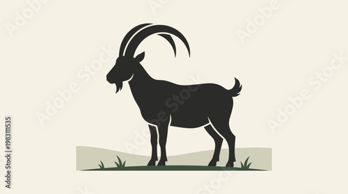 Black goat standing on grassy hill.