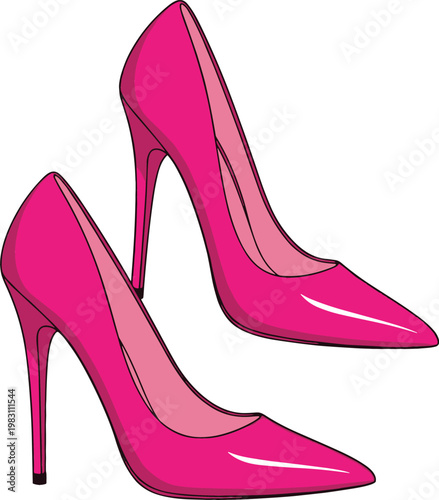 Elegant pink high heel shoes fashion illustration with glossy stilettos, feminine footwear design isolated, stylish women accessories vector illustration