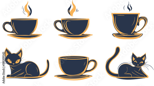 Stylized illustrations of coffee cups with steam and adorable cats in a minimalist design