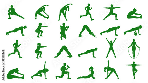 Green silhouettes of yoga poses.