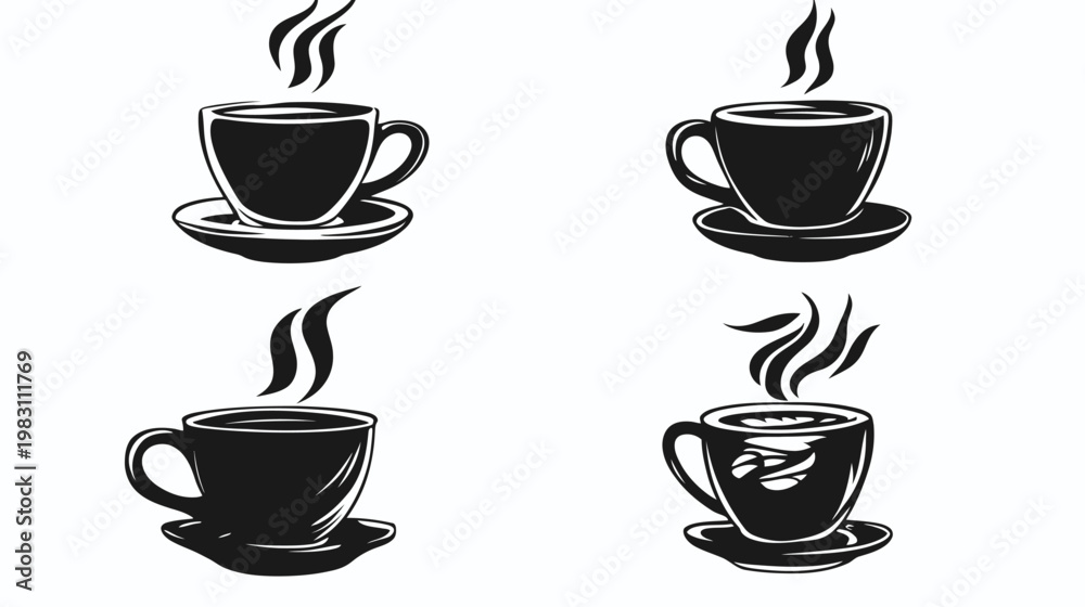 Obraz premium Four black and white illustrations of coffee cups with steam rising, on saucers