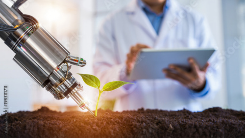 Robotic arm planting young green sprout in soil, scientist with tablet in background, smart farming and agritech concept