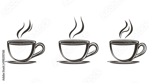 Three stylized coffee cups with steam rising, a simple line drawing in black and white
