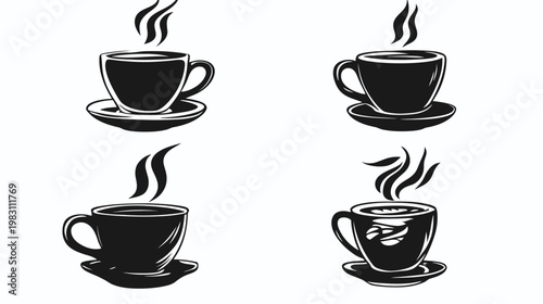 Four black and white illustrations of coffee cups with steam rising, on saucers