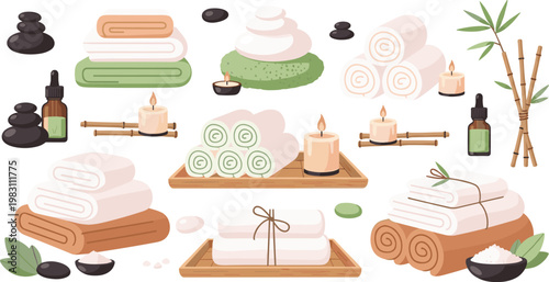Spa and Wellness Essentials, Towels, Stones, Candles, and Aromatherapy for Relaxation and Mindfulness Illustration