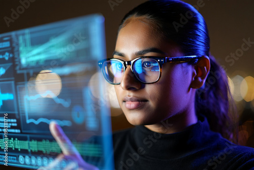 Close-up of young woman wearing smart glasses with holographic data interface, futuristic technology and digital display reflection