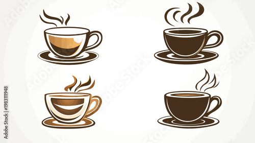Four stylized coffee cups with steam, each on a saucer, in shades of brown and white