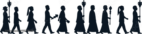 Silhouettes of people participating in a ceremonial procession with traditional items