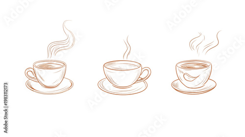 A hand-drawn illustration of three coffee cups, each with rising steam, on saucers