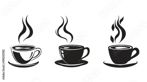 Black and white illustration of three stylized coffee cups with steam rising, on saucers