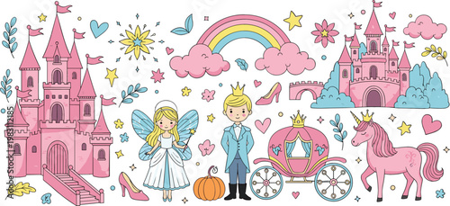Fairytale princess and prince fantasy elements collection with castle, unicorn, carriage, rainbow, fairy, and magical storybook characters vector illustration set