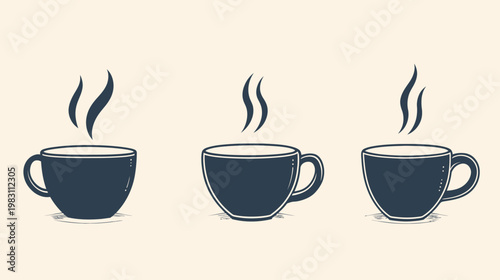 Illustration of three dark blue coffee cups with steam on cream background. Monochrome style