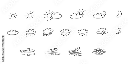 Weather forecast doodle style icon set. Weather forecast hand drawn symbols collection. Sun, rain, clouds and other weather icons. Black and white.
