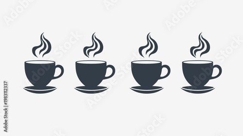 Four identical vector illustrations of steaming coffee cups, with steam rising from each, set on saucers