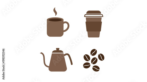 Brown coffee cup and beans illustration.