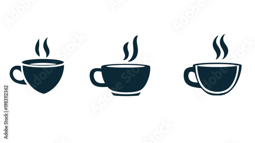 Three minimalist black coffee cup illustrations with rising steam on a white background