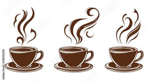 Three stylized brown coffee cups with steam rising, on saucers, all against a white background