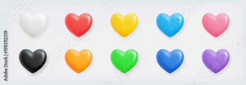 3D heart shape icon set isolated on light background. Balloon realistic glossy love symbol collection. Minimalist emoji elements for social media, web interface, and romantic design