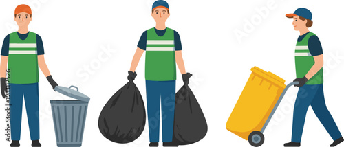 Garbage collector workers set, sanitation staff cleaning waste, recycling service vector illustration collection design