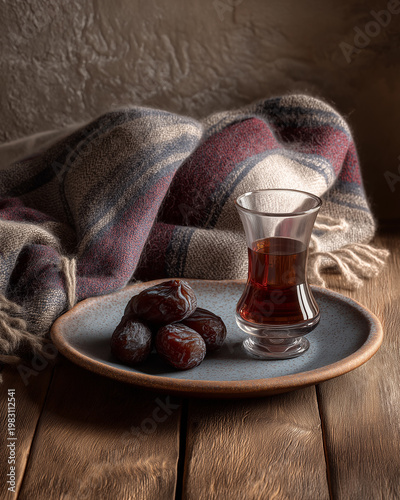 A cozy scene featuring a glass of tea, dates, and a plaid blanket on a wooden surface.
