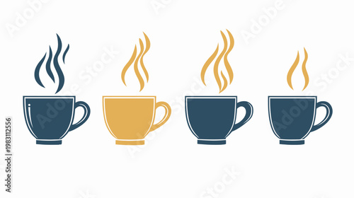 Four stylized coffee or tea cups in a row, two blue, one yellow, with rising steam