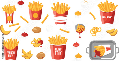 French fries fast food collection with ketchup, potato slices and takeaway boxes, crispy snack street food vector illustration set