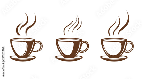 Three stylized coffee cups with steam rising, brown color scheme, on white background
