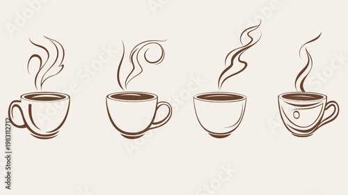 Four stylized brown coffee cups with steam on cream background, illustrative of beverage and warmth