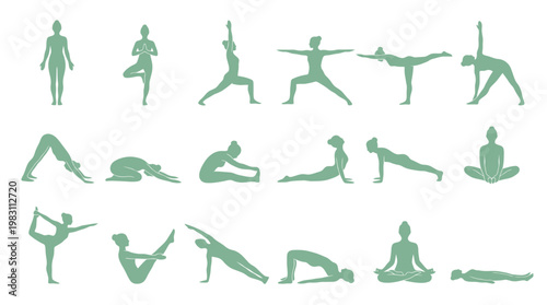 Various yoga poses for flexibility and balance.