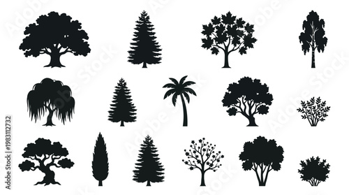 Collection of various tree silhouettes.