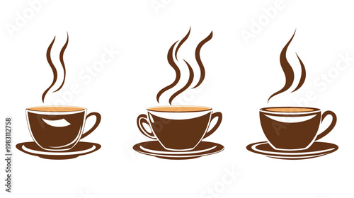 Three stylized coffee cups with steam rising, on saucers, rendered in brown and off-white