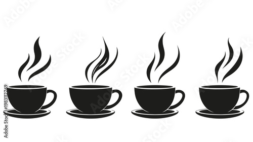 A black and white illustration of four cups of coffee with steam rising