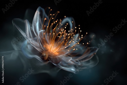 glowing translucent flower with delicate petals and golden stamens on dark background dreamy surreal botanical macro art concept