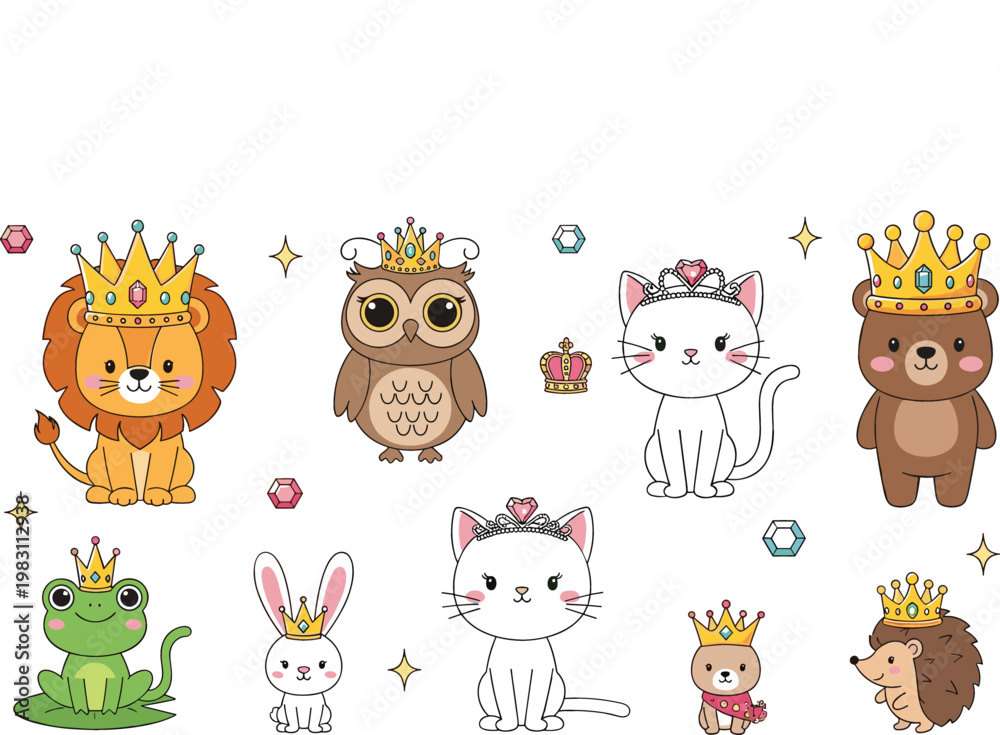 Obraz premium Cute Royal Animals with Crowns Illustration Set, Cartoon Lion, Owl, Cat, Bear, Frog, Bunny and Hedgehog Princess and King Characters