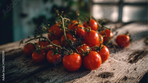 Fresh Red Cherry Tomatoes on Wooden Table with Natural Light