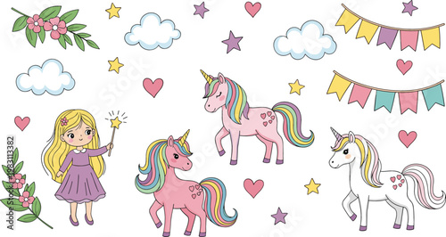 Cute unicorn fantasy elements collection with little fairy girl, rainbow unicorns, clouds, stars, hearts, and magical party decorations vector illustration set