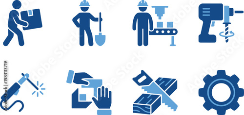 Blue icons of workers and industrial tools and equipment on white background