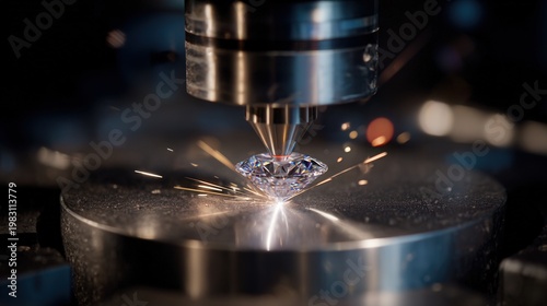 Closeup of diamond under polishing laser, delicate finishing touches with micro lens and coolant trails, precise smoothing of facets on reflective platen captures artisan studio atmosphere