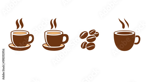 Illustration with cups of coffee, coffee beans. A graphic of hot drinks, with steam, on white backdrop