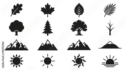 Black icons of trees and mountains.