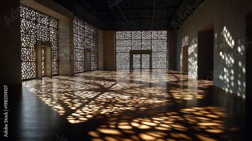 A dimly lit room with intricate lattice patterns casting shadows on the floor and walls, creating a mesmerizing visual effect.