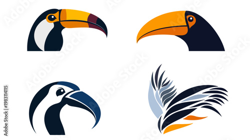 Four stylized toucan illustrations in various designs, featuring bold colors and geometric shapes