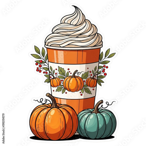 Autumn Pumpkin Spice Latte with Whipped Cream and Gourds, Fall Season Drink